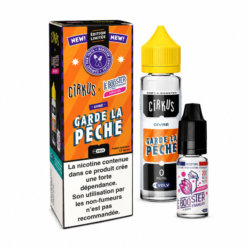 Pack VDLV Cirkus Garde la Pêche : boîte orange, flacon 50ml à bouchon jaune et booster Neosweet 10ml sur fond blanc.