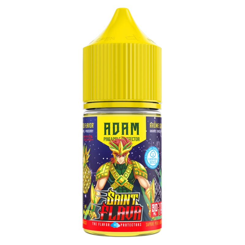 Flacon d'arôme concentré Adam Saint Flava 30ml avec bouchon jaune et étiquette illustrée style manga sur fond bleu étoilé.