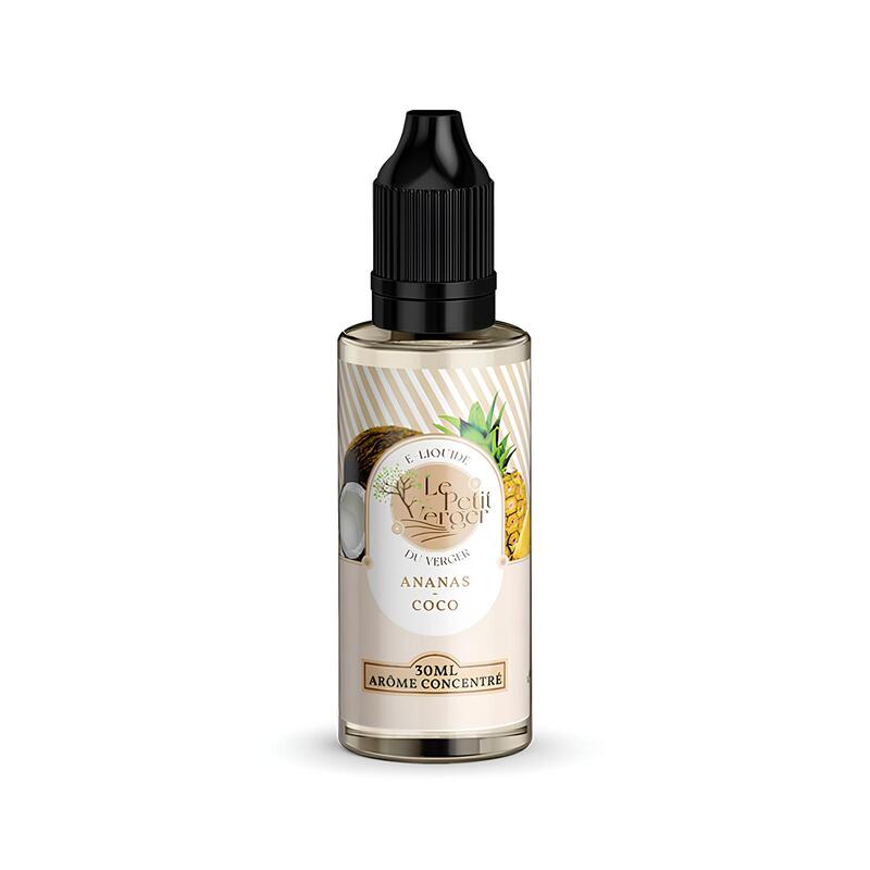 Flacon de 30ml d'arôme concentré Ananas Coco Le Petit Verger avec bouchon noir et étiquette illustrée de fruits tropicaux.