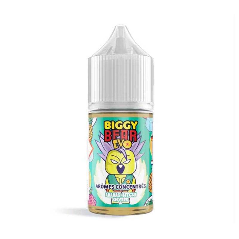 Flacon de 30ml d'arôme concentré Biggy Bear Ananas Litchi Givrés avec étiquette illustrée colorée et bouchon blanc.