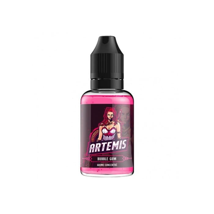 Flacon de 30ml d'arôme concentré Artemis Xcalibur, liquide rose bubble-gum avec étiquette illustrée d'une guerrière.