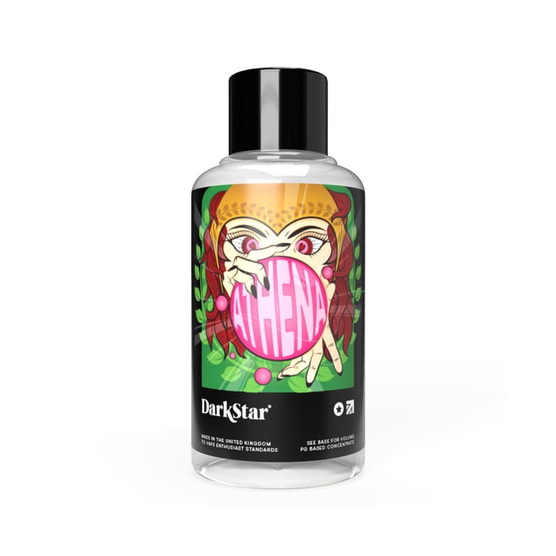 Flacon de 30ml d'arôme concentré Athena DarkStar avec étiquette illustrée d'un personnage féminin et bubblegum rose.