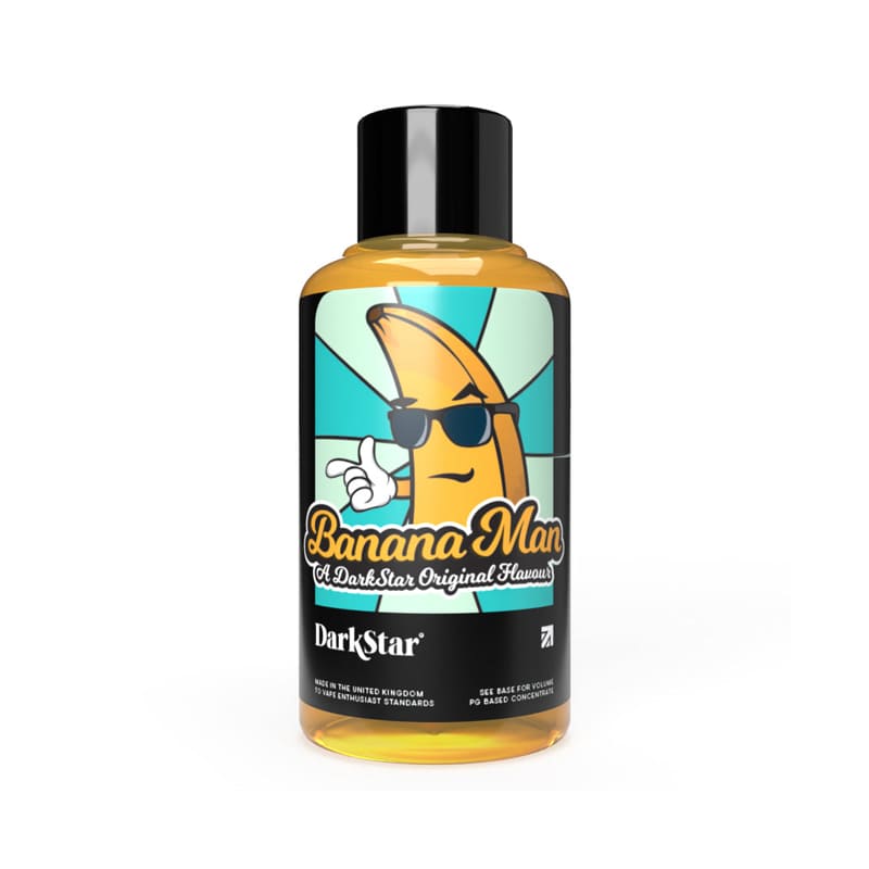 Flacon de 30 ml d'arôme concentré Banana Man DarkStar avec étiquette illustrée d'une banane à lunettes sur fond bleu.