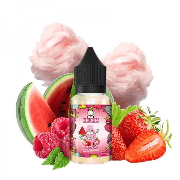 Flacon d'arôme concentré Kawaii Barbafruit 30ml entouré de barbe à papa, pastèque, fraise et framboise.