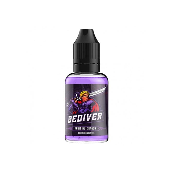 Flacon PET 30ml d'arôme concentré Bediver Xcalibur avec liquide violet et étiquette illustrée d'un chevalier à l'épée.