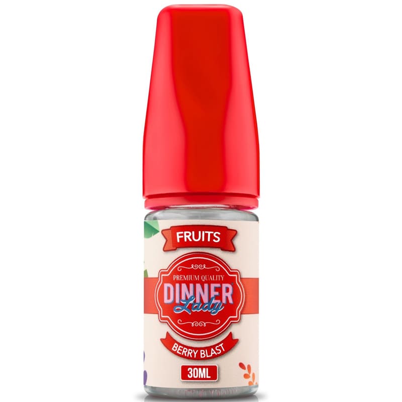 Flacon d'arôme concentré Berry Blast 30ml Dinner Lady avec bouchon rouge et étiquette fruitée sur fond blanc.