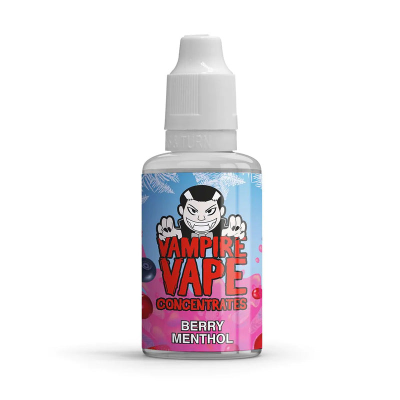 Flacon de 30ml d'arôme concentré Berry Menthol Vampire Vape avec étiquette illustrée de fruits rouges et vampire.