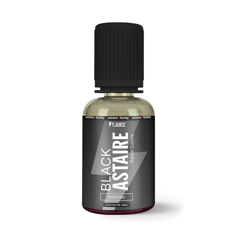 Flacon de 30 ml d'arôme concentré Black Astaire T-Juice avec étiquette noire et bouchon strié noir.