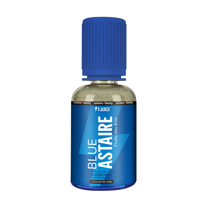 Flacon de 30 ml d'arôme concentré T-Juice Blue Astaire avec bouchon bleu et étiquette bleue caractéristique.