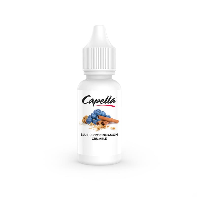 Flacon de 10ml d'arôme concentré Capella Blueberry Cinnamon Crumble avec étiquette illustrée de myrtilles et cannelle.