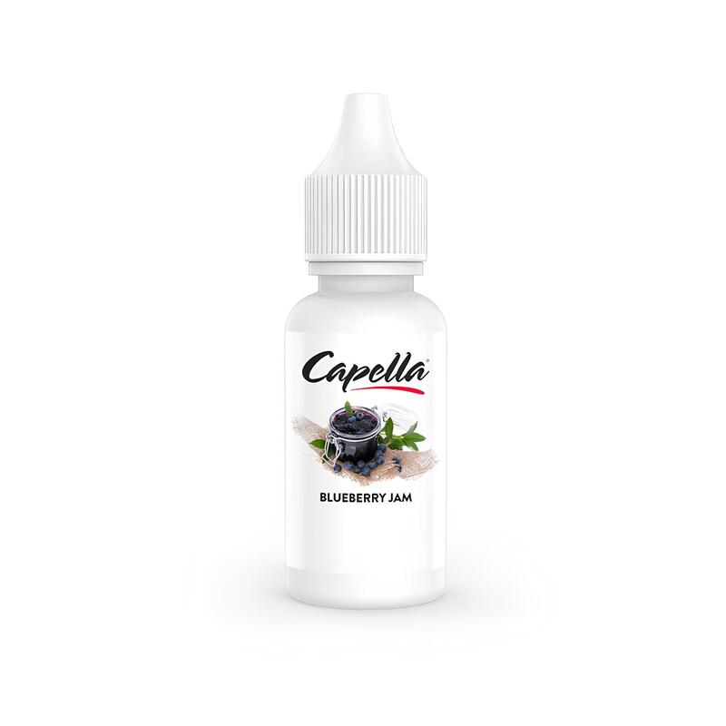 Flacon blanc de 10 ml d'arôme concentré Capella Blueberry Jam avec étiquette illustrée de confiture de myrtilles.