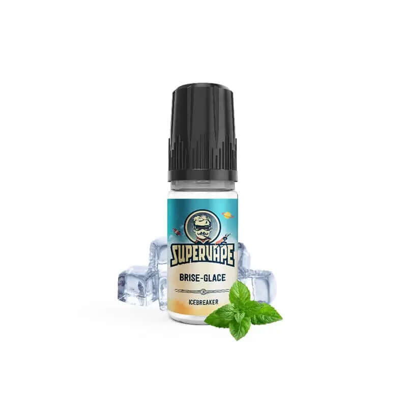 Flacon de 10ml d'arôme concentré Supervape Brise-Glace avec bouchon noir, entouré de glaçons et d'une feuille de menthe.