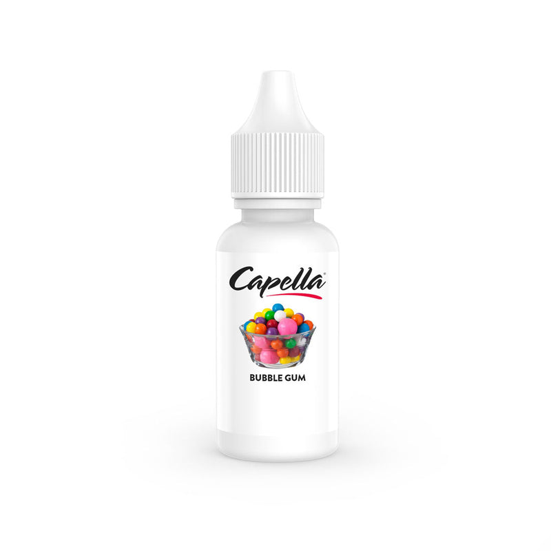 Flacon de 10 ml d'arôme concentré Capella Bubble Gum avec étiquette illustrée de bonbons colorés et bouchon blanc.
