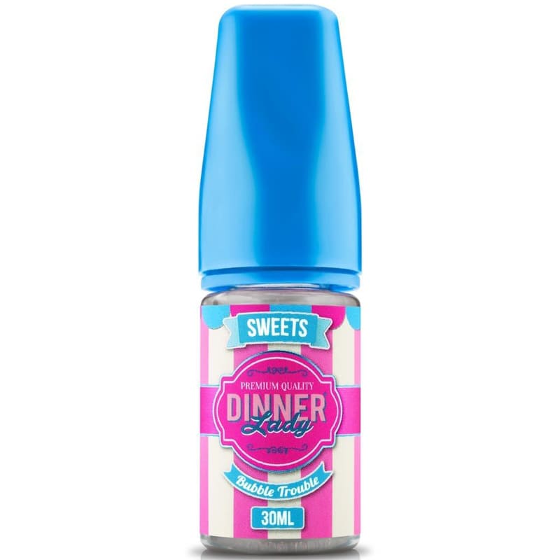Flacon de 30ml d'arôme concentré Dinner Lady Bubble Trouble avec bouchon bleu et étiquette rayée rose et blanche.