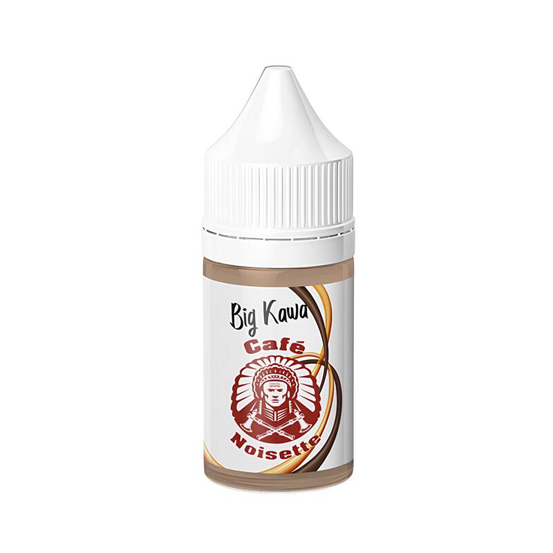 Flacon de 30ml d'arôme concentré Big Kawa Noisette O'J Lab avec bouchon blanc et étiquette illustrée d'un chef indien.