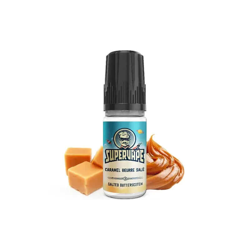 Flacon de 10ml d'arôme concentré Supervape Caramel Beurre Salé avec bouchon noir et étiquette bleue illustrée.