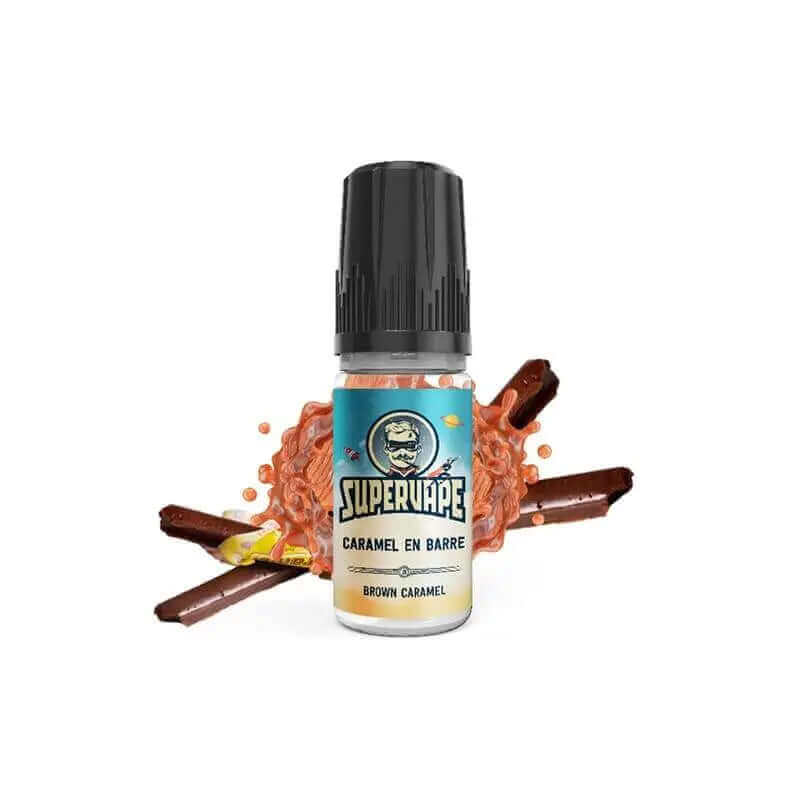 Flacon de 10ml d'arôme concentré Supervape Caramel en Barre avec bouchon noir et étiquette illustrée sur fond de caramel.