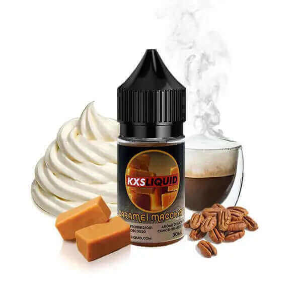 Flacon 30ml d'arôme concentré KXS Liquid Caramel Macchiato avec bouchon noir, entouré de crème, caramel et café.