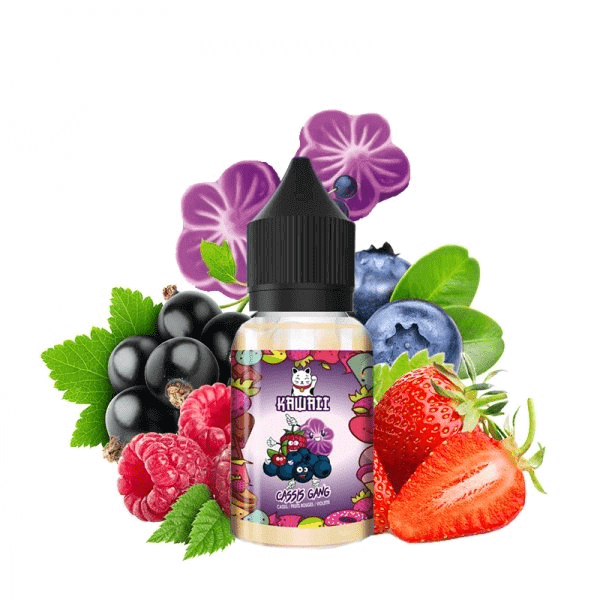 Flacon d'arôme concentré Kawaii Cassis Gang 30ml entouré de cassis, fraises, framboises et fleurs de violette.