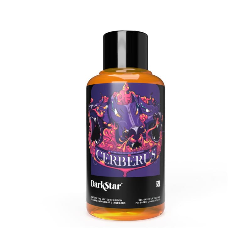 Flacon de 30 ml d'arôme concentré Cerberus DarkStar avec étiquette illustrée d'un chien à trois têtes violet et orange.
