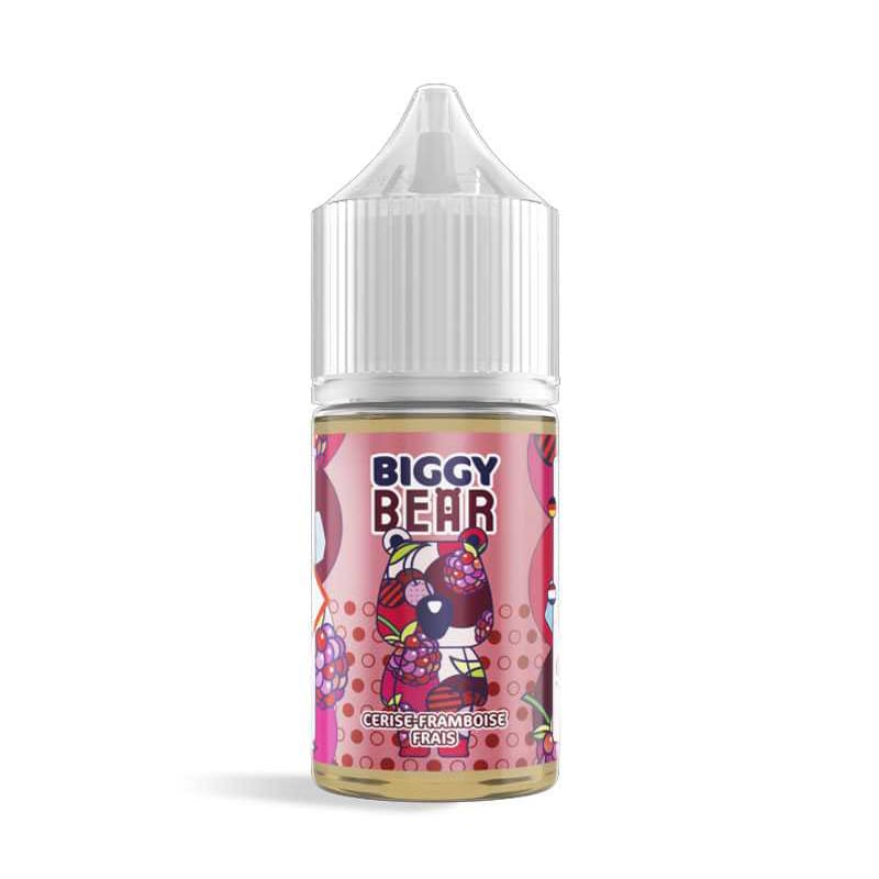 Flacon de 30ml d'arôme concentré Biggy Bear Cerise Framboise Frais avec étiquette rose illustrée d'un ours et fruits.