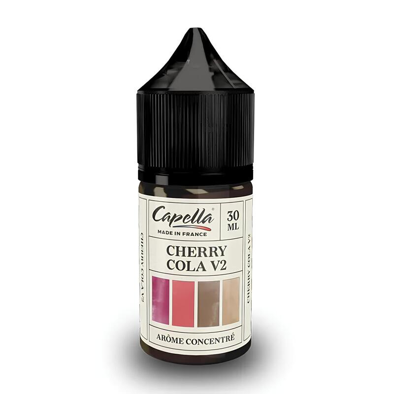 Flacon de 30ml d'arôme concentré Capella Cherry Cola V2 avec bouchon noir et étiquette blanche illustrée.