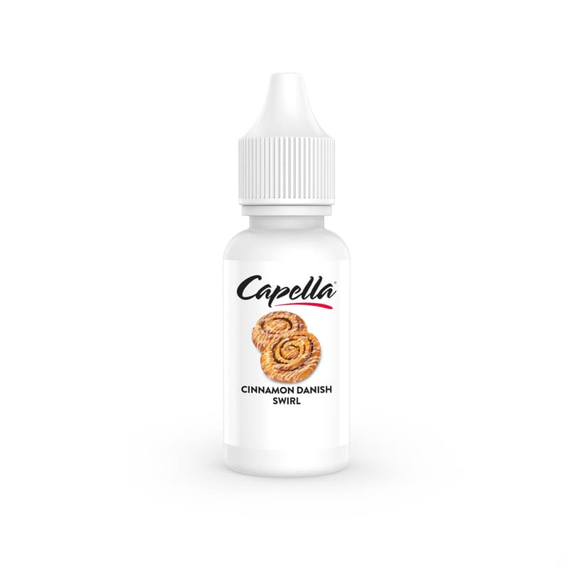 Flacon de 10ml d'arôme concentré Capella Cinnamon Danish Swirl avec étiquette illustrée de viennoiseries à la cannelle.