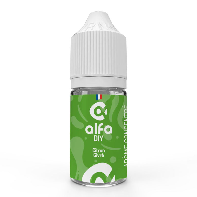 Flacon de 30ml d'arôme concentré Alfa DIY Citron Givré avec étiquette verte et bouchon blanc.