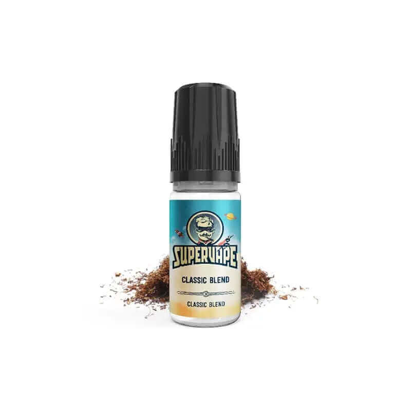 Flacon de 10ml d'arôme concentré Supervape Classic Blend avec bouchon noir et étiquette illustrée sur un tas de tabac blond.