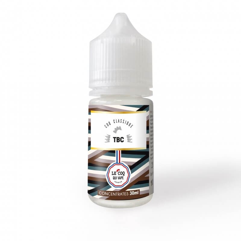 Flacon de 30ml d'arôme concentré Classique TBC Le Coq Qui Vape avec étiquette graphique et bouchon blanc.