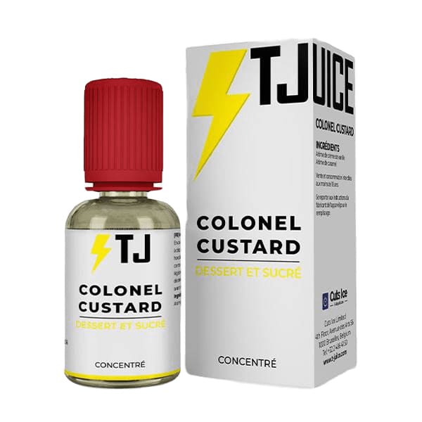 Flacon de 30ml d'arôme concentré T-Juice Colonel Custard avec bouchon rouge et boîte blanche à logo éclair jaune.
