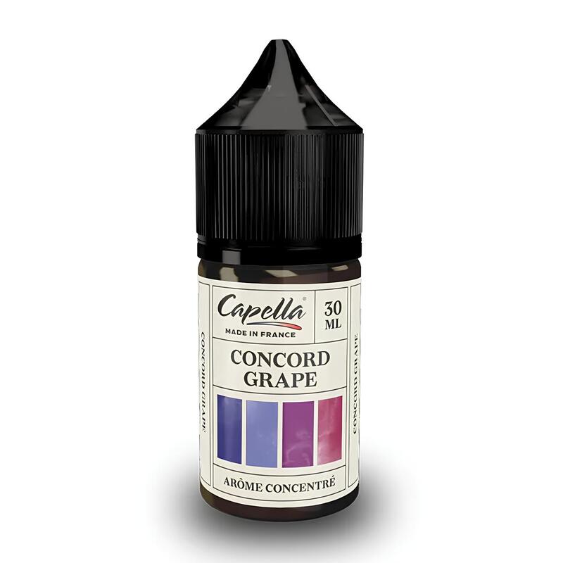 Flacon de 30 ml d'arôme concentré Capella Concord Grape avec bouchon noir et étiquette illustrée de nuances de raisin.