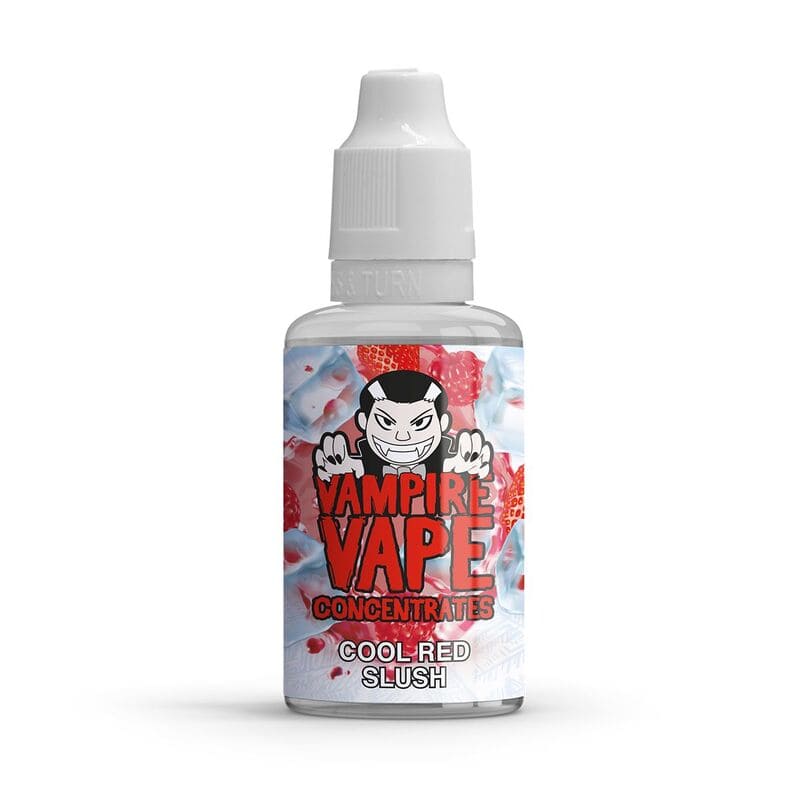 Flacon de 30ml d'arôme concentré Vampire Vape Cool Red Slush avec étiquette illustrée de fruits rouges et de glace.