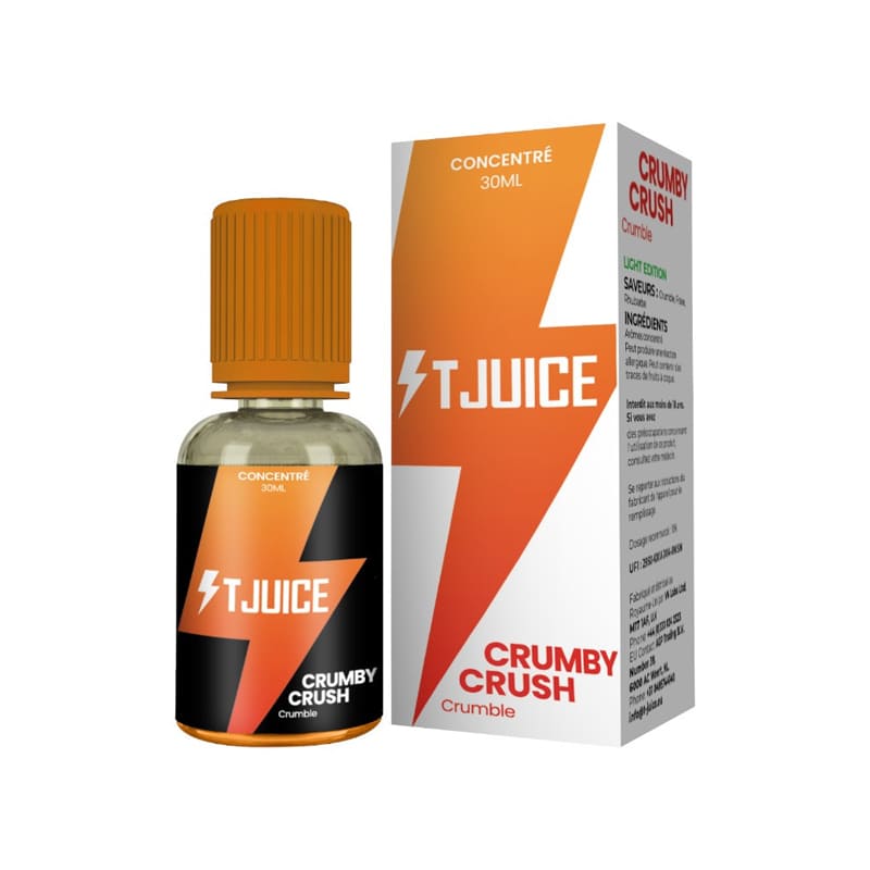 Flacon d'arôme concentré T-Juice Crumby Crush 30ml avec bouchon orange et boîte assortie au design éclair.
