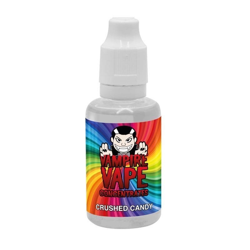 Flacon de 30ml d'arôme concentré Vampire Vape Crushed Candy avec étiquette colorée à motifs tourbillonnants.