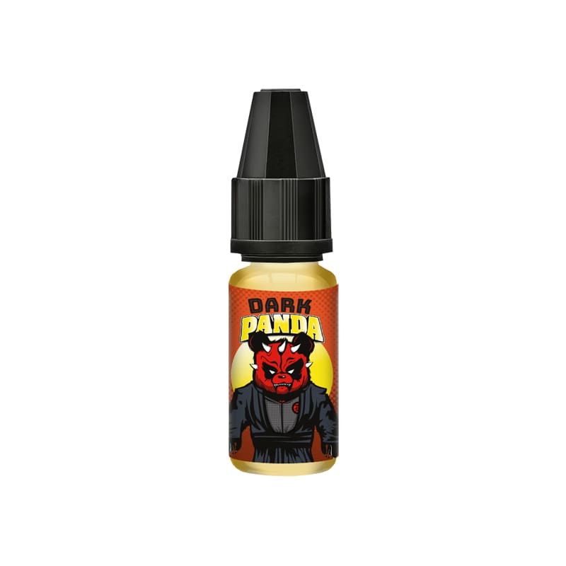 Flacon d'arôme concentré Dark Panda 10ml A&L avec étiquette illustrée d'un panda rouge sur fond orange et bouchon noir.