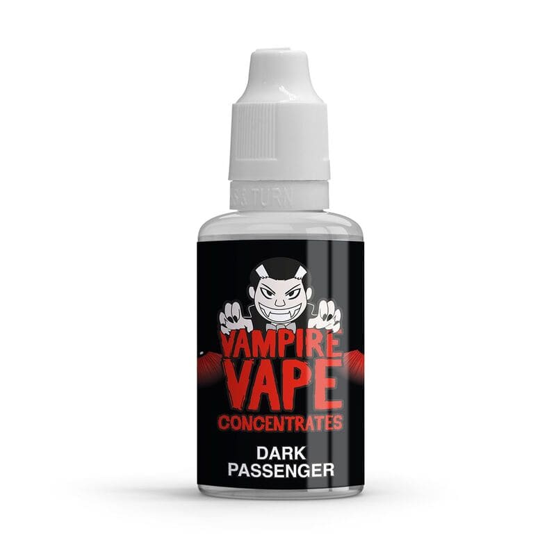 Flacon d'arôme concentré 30ml Vampire Vape Dark Passenger avec étiquette noire, logo vampire et bouchon blanc.