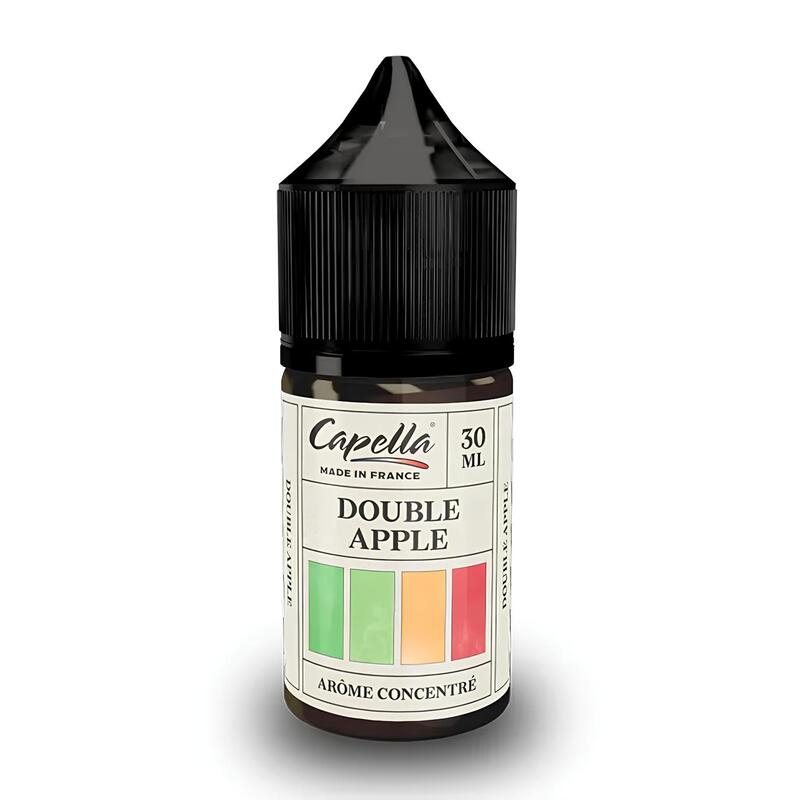 Flacon d'arôme concentré Capella Double Apple 30ml avec bouchon noir et étiquette illustrée de carrés colorés.