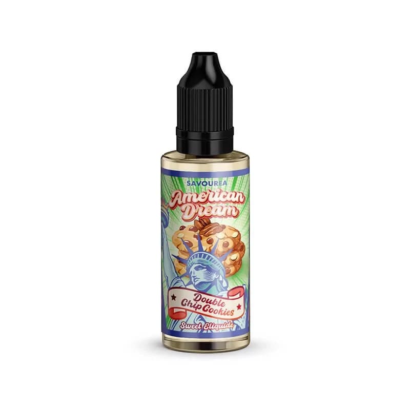 Flacon 30ml d'arôme concentré Savourea American Dream Double Chip Cookie avec bouchon noir et étiquette Statue de la Liberté.