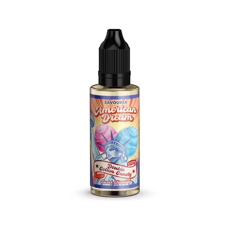 Flacon de 30ml d'arôme concentré Savourea American Dream Double Cotton Candy avec étiquette illustrée barbe à papa.