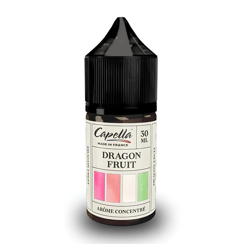 Flacon de 30 ml d'arôme concentré DIY Capella Dragon Fruit avec bouchon noir et étiquette blanche à motifs colorés.