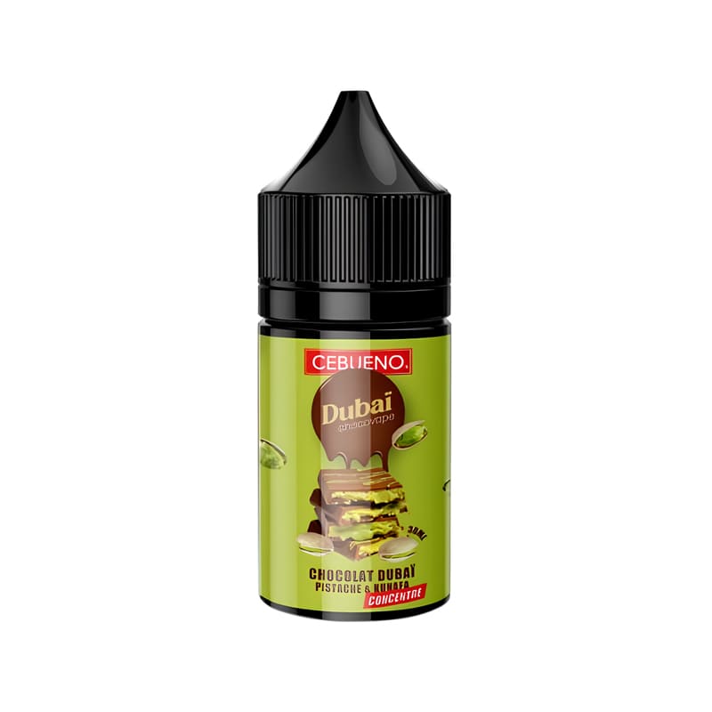 Flacon de 30ml d'arôme concentré Cebueno Dubaï Chocovape avec étiquette verte illustrée de chocolat et pistaches.