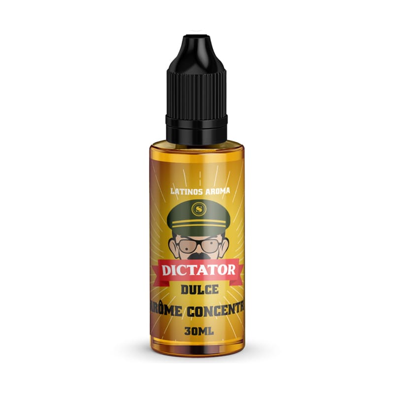 Flacon de 30ml d'arôme concentré Dulce Dictator Savourea avec bouchon noir et étiquette illustrée sur fond ambré.