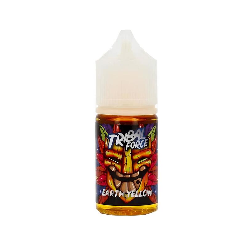 Flacon de 30ml d'arôme concentré Earth Yellow Tribal Force avec étiquette illustrée d'un masque tribal coloré.