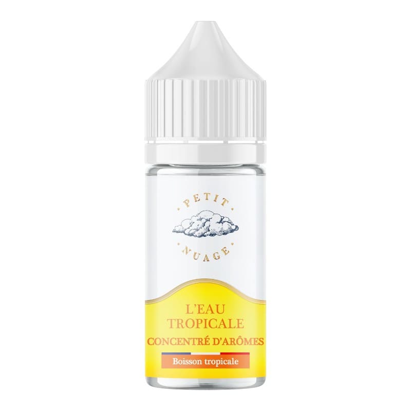 Flacon de 30ml d'arôme concentré Petit Nuage Eau Tropicale avec étiquette jaune et logo nuage sur fond blanc.