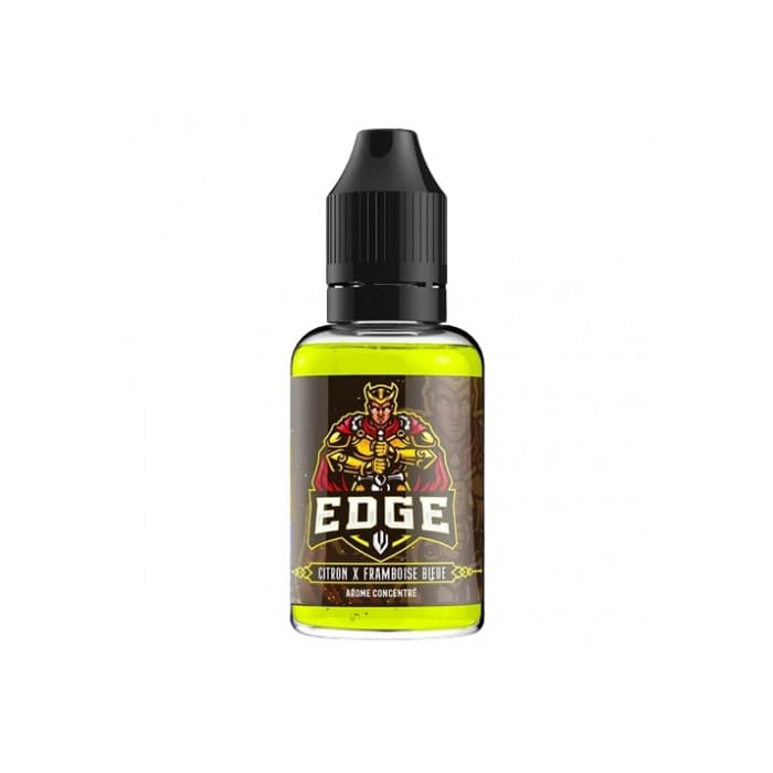 Flacon 30ml d'arôme concentré Xcalibur Edge avec liquide jaune vif et étiquette illustrée d'un chevalier.