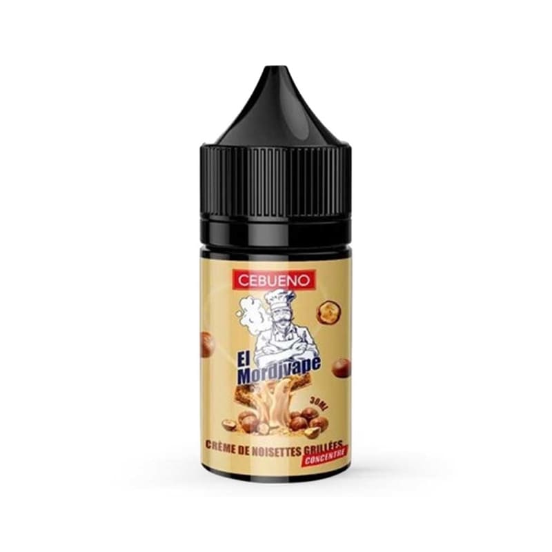 Flacon de 30ml d'arôme concentré El Mordjvape Cebueno avec étiquette beige illustrée d'un chef et de noisettes grillées.