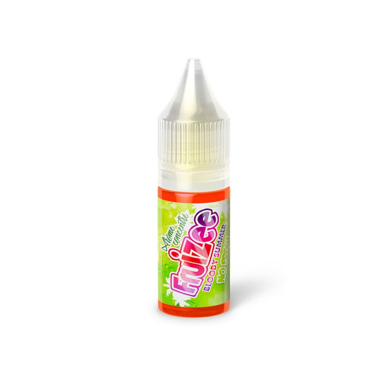 Flacon de 10ml d'e-liquide Fruizee Bloody Summer No Fresh avec étiquette orange et verte sur fond blanc.