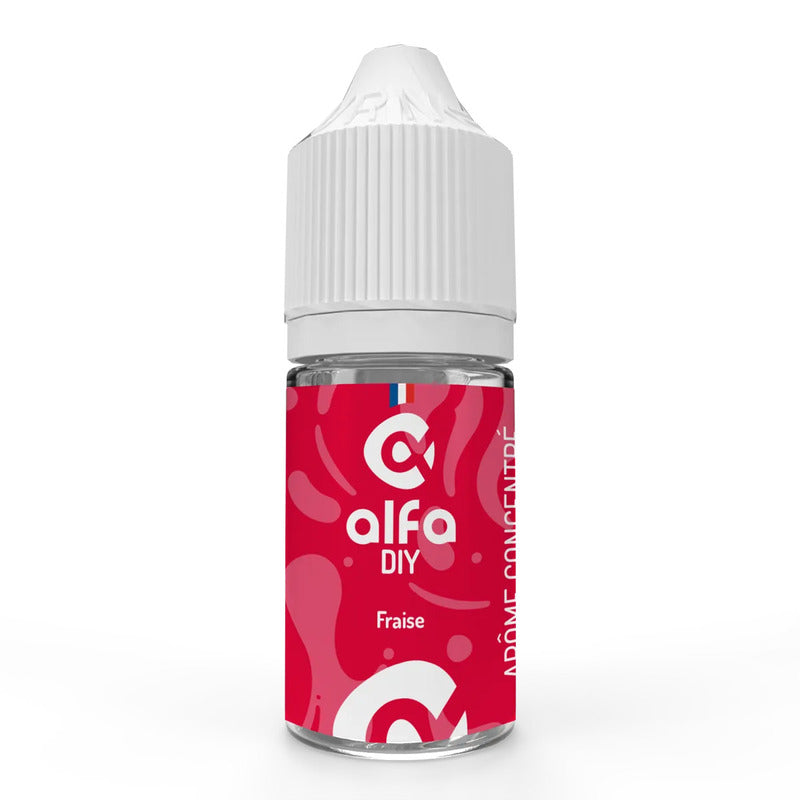 Flacon de 30ml d'arôme concentré Fraise Alfa DIY avec étiquette rouge et bouchon blanc sur fond blanc.