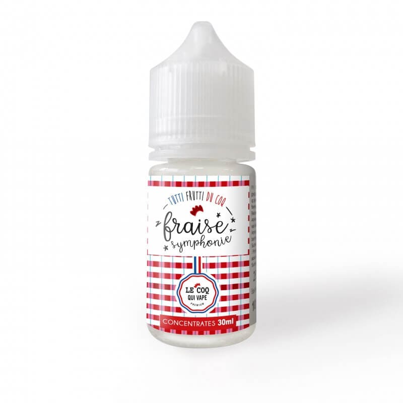 Flacon de 30ml d'arôme concentré Fraise Symphonie Le Coq Qui Vape avec étiquette à motif vichy rouge et blanc.